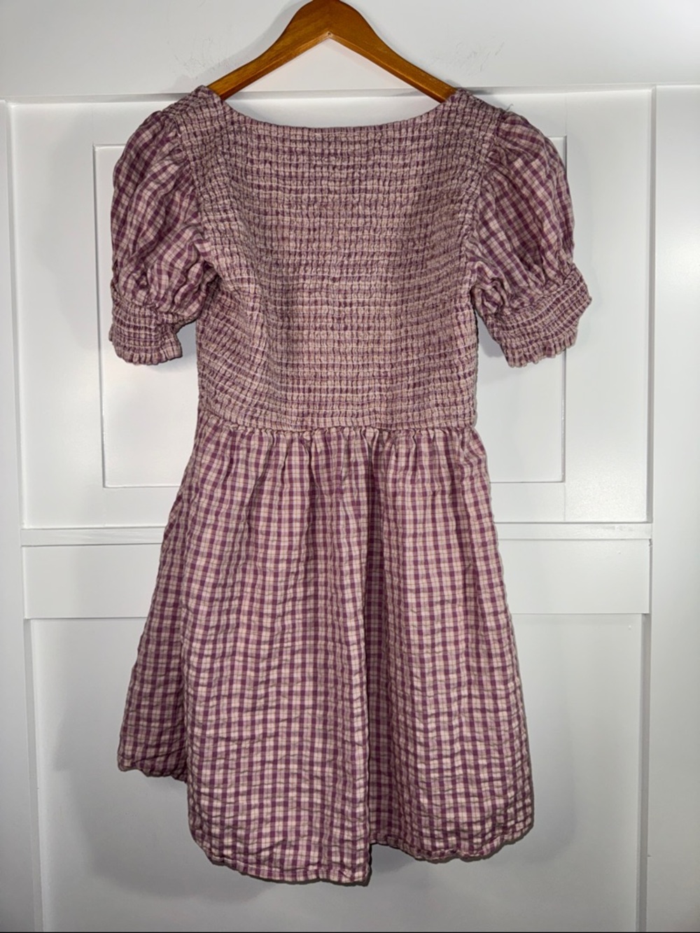 Tecovas Lavender Pink Gingham Smocked Babydoll Dress w/ pockets size Large - Picture 7 of 7